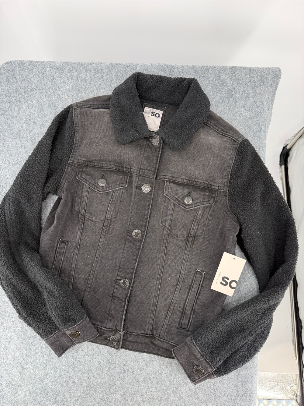 SO Black Denim Jacket with Sherpa Sleeves and Collar coat NWT Small